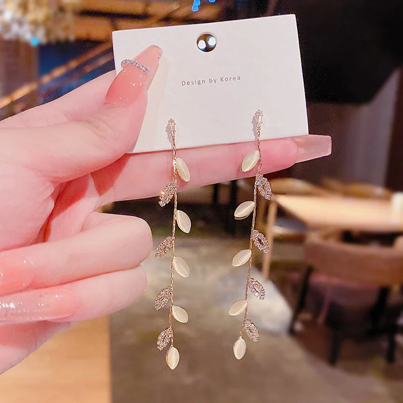 2022 S925 Silver Needle Leaves Pendant Crystal Gold Tassel Earrings Cubic Zircon CZ Stud Earrings