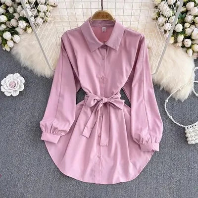 One Size Spring New Mid Length Collection Waist Shirt Retro Lapel Long Sleeved Top