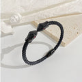Vintage Simple Braid Black Genuine Leather Bangle Jewelry 316L Stainless Steel Red CZ Setting Snake Head Bracelet for Men