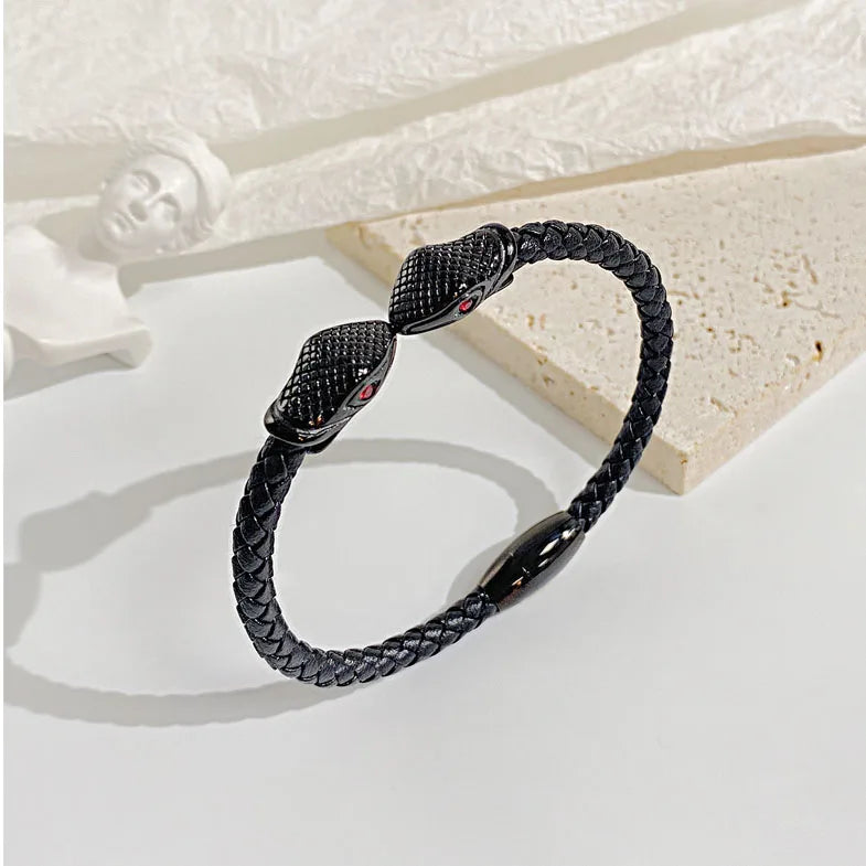 Vintage Simple Braid Black Genuine Leather Bangle Jewelry 316L Stainless Steel Red CZ Setting Snake Head Bracelet for Men