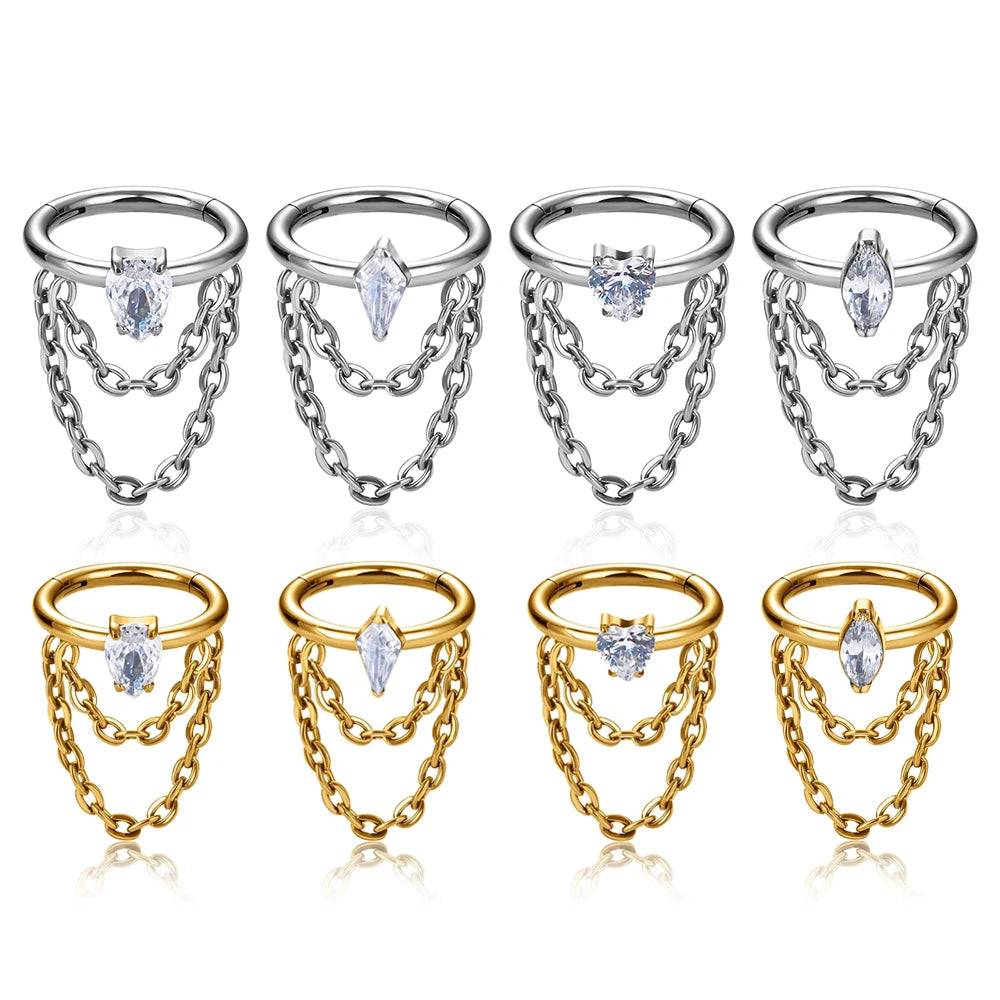 ASTM F136 Titanium 16G Chained Hinged Segment Cartilage Helix Daith Conch Clicker Earrings Piercing Nose Ring Women Body Jewelry