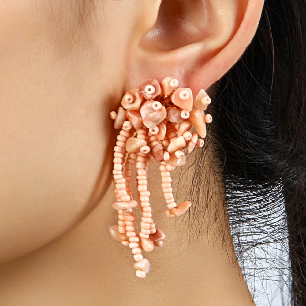 Beach Vacation Exaggerated Bohemian Women's Pendant Earring Multicolor Seed Beads Irregular Chip Stone Tassel Stud Earrings
