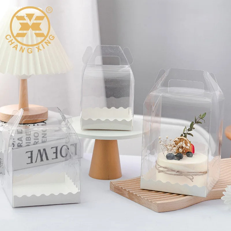 PET Small Cookie Cup Cake Packaging Clear Plastic Cardboard Display Handle Boxes With Clear Lid White Base