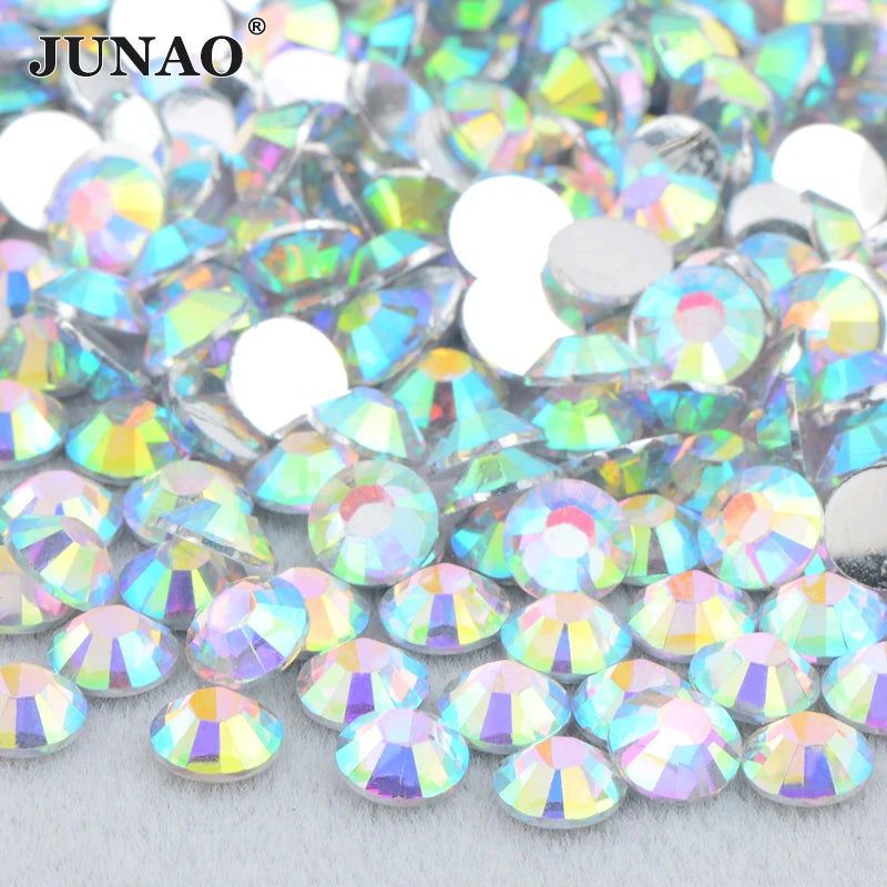 JUNAO 2-6mm Glitter Crystal Plated AB Stones Non Hot Fix Rhinestones Wholesale Round Resin Rhinestones for DIY Crafts