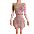Sexy See Through Tassel Night Club Party Rhinestone Dress Big Size Showgirl Exotic Dancer Costumes Women Bodycon Mini Prom Dress
