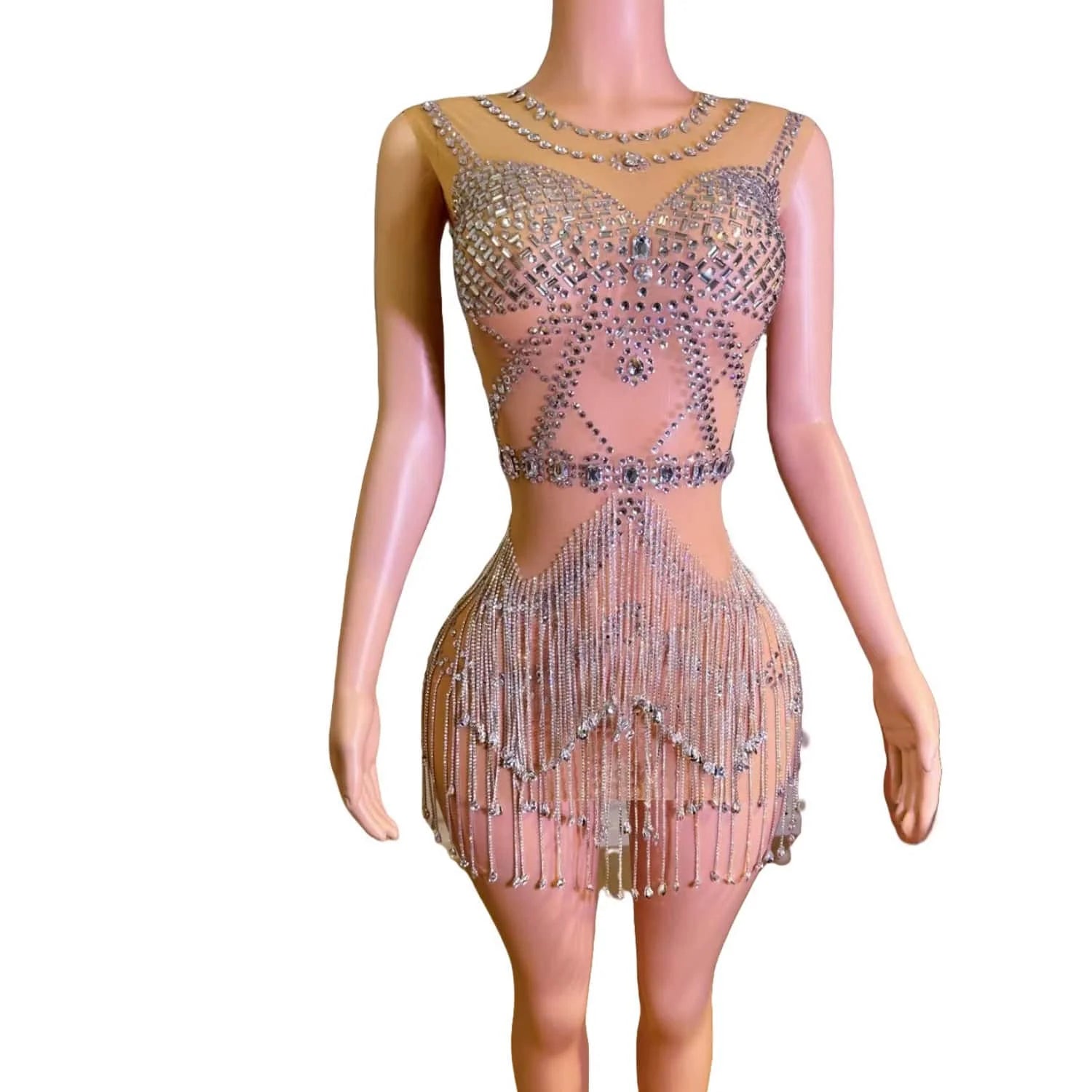 Sexy See Through Tassel Night Club Party Rhinestone Dress Big Size Showgirl Exotic Dancer Costumes Women Bodycon Mini Prom Dress
