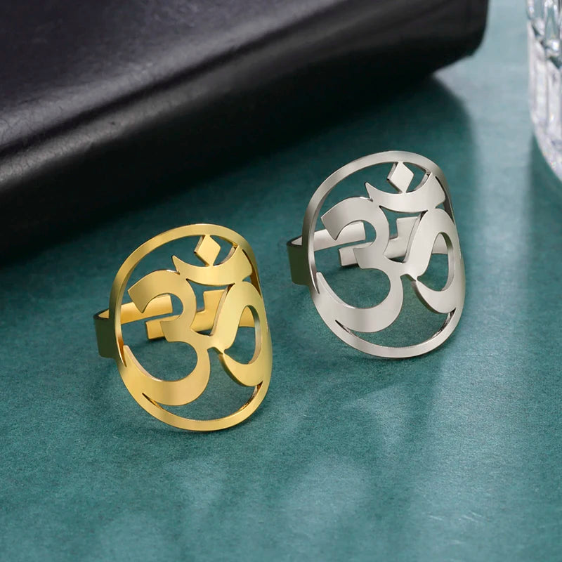 Yoga OM Stainless Steel Ring for Women Stainless Steel Buddhism Indian Mandala Hindu Open Rings Vintage Amulet Gold Ring Jewelry