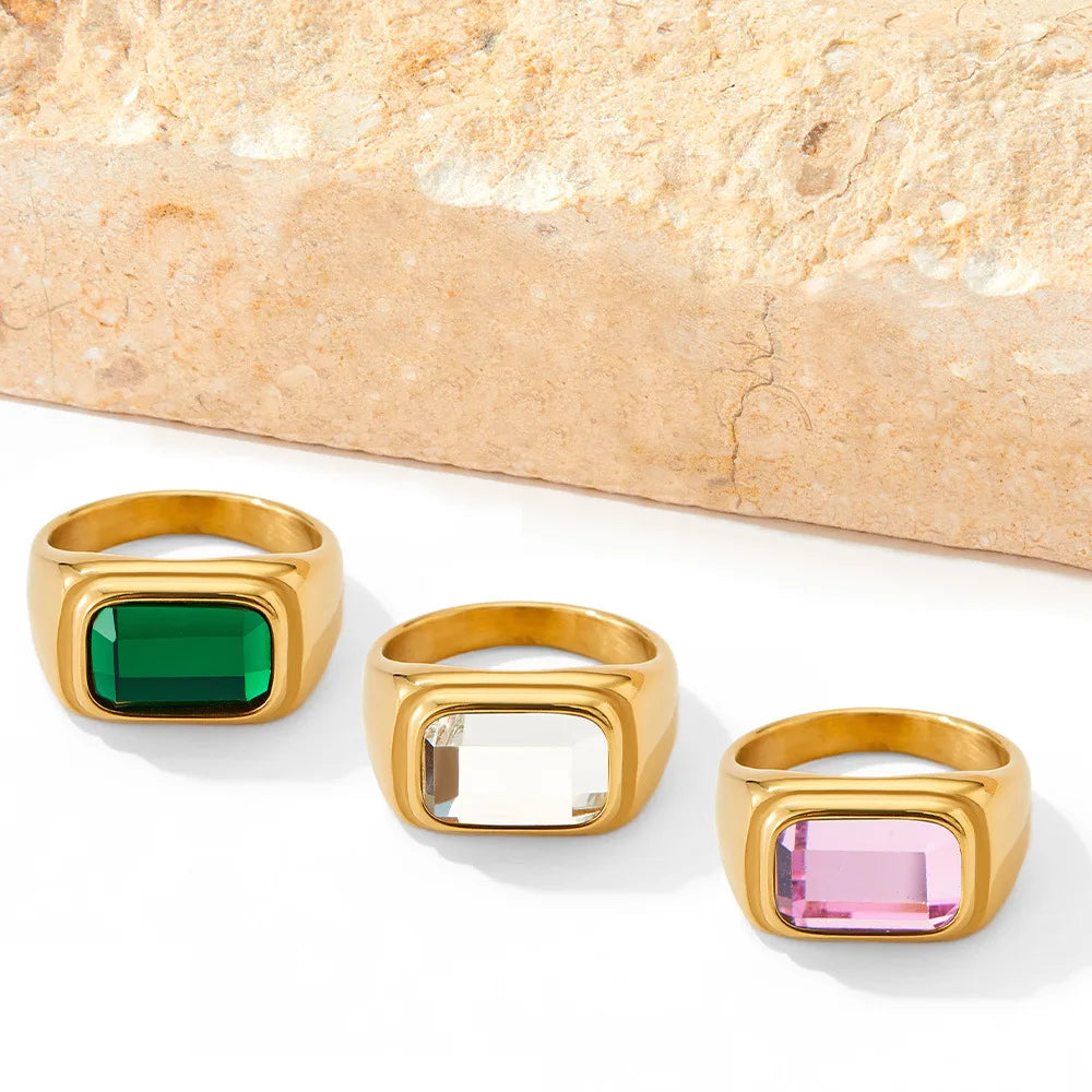 Classic Square Green Zircon Fashion 18K Gold-Plated Stainless Steel Rugged Waterproof Ring