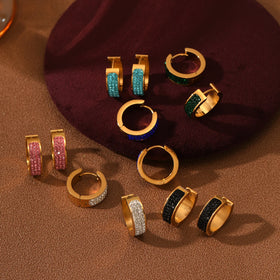 Colorful Zircon 18K Gold Plated Hoop Earrings Wedding Gift Light Luxury Stainless Steel Round Earrings Fashion Jewelry