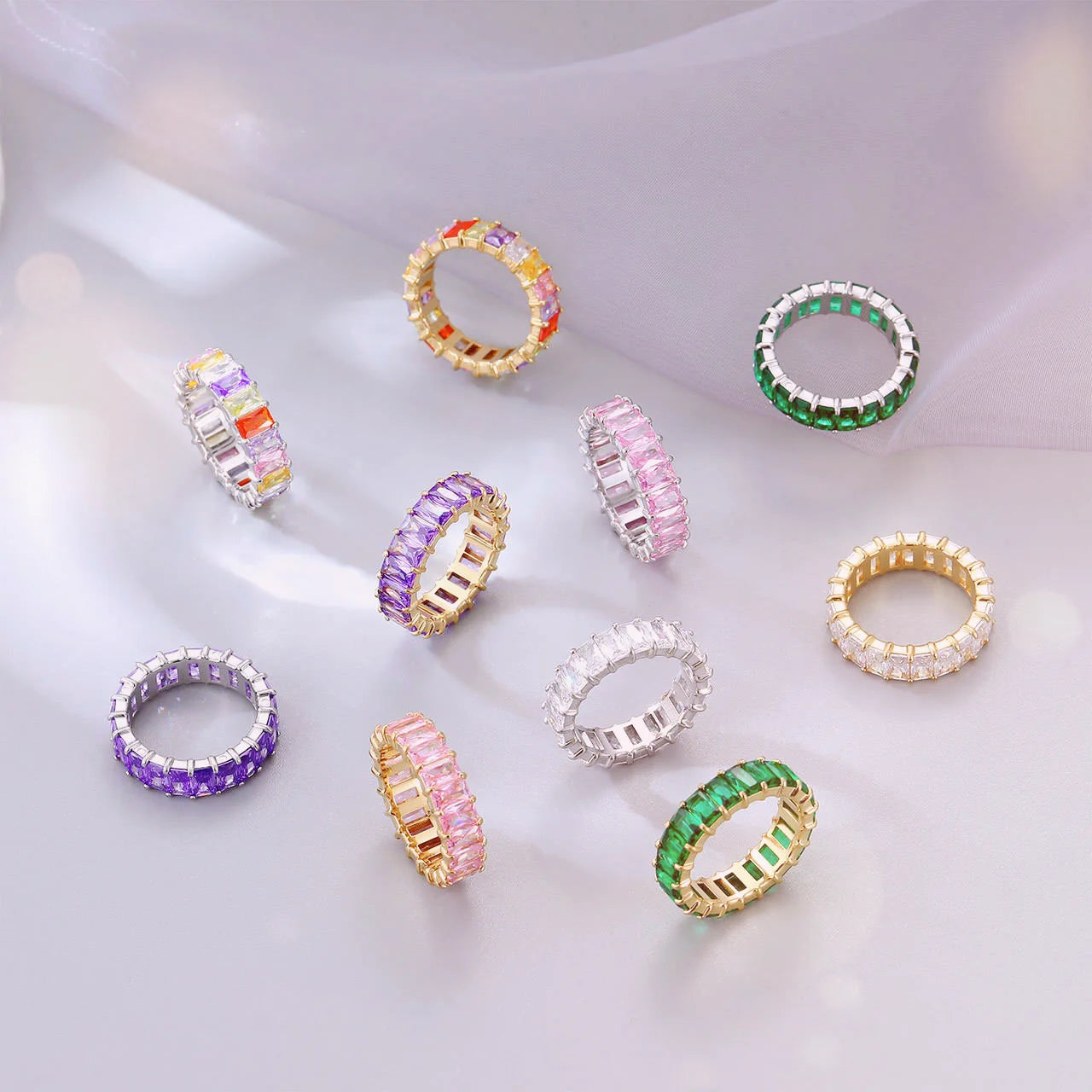 Stylish Colorful Cubic Zircon Rings Sweat Endurable Gold Silver PVD Plating Stainless Steel Eternity Bands for Party Anniversary