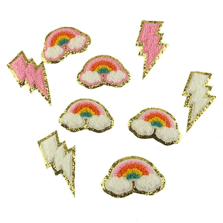 Wholesale 6.5cm 7.8cm Iron on Golden Glitter Chenille Embroidered Lighting Rainbow Patches for Clothing Bag DIY Accessories