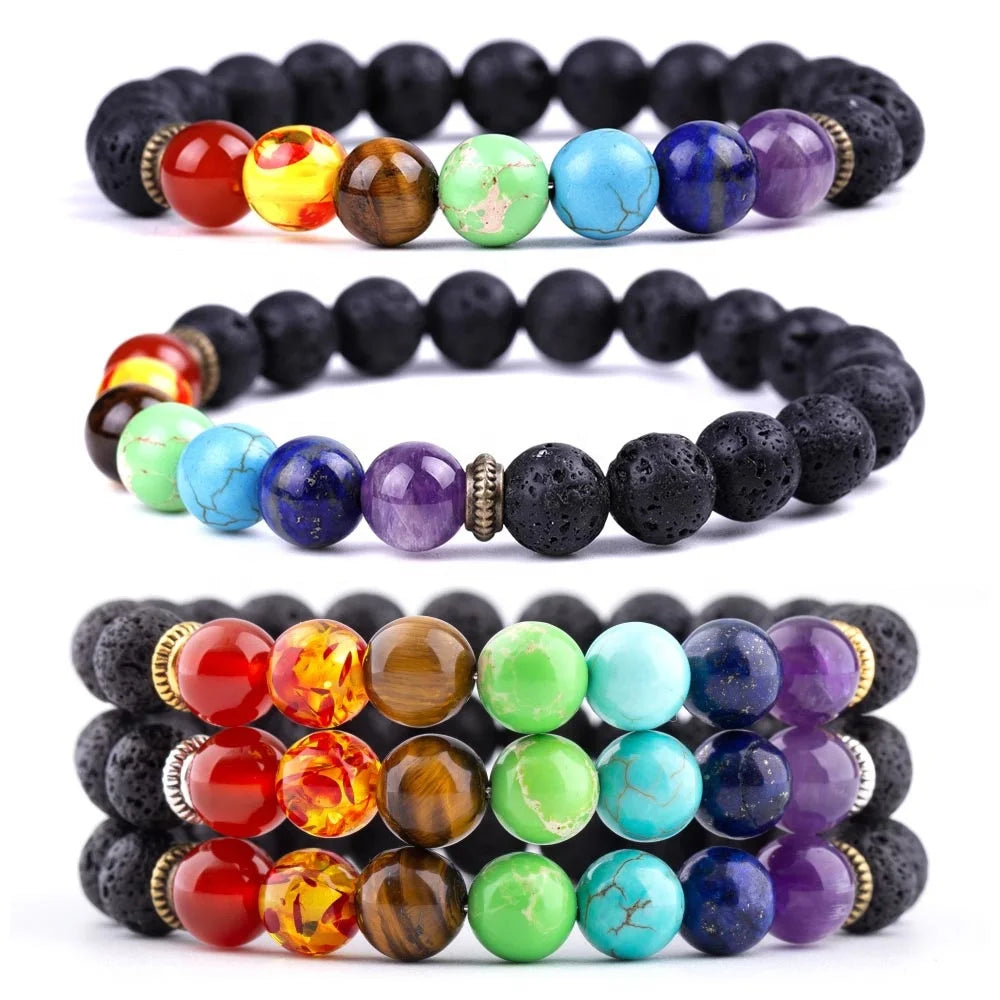 Natural Tiger Eye Lapis Lazuli Amethyst Crystal Stone Beads 7 Chakra Bracelets 8mm Turquoise Bracelet Lava Energy Yoga Bracelets