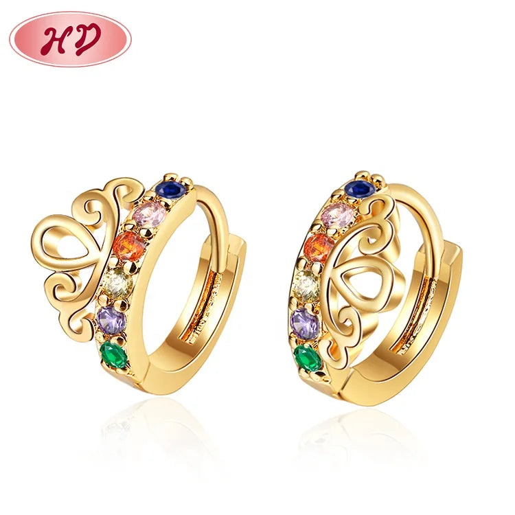 Traditional Classic Colored Zircon Crown 18K Gold Plated Earrings Women Jewelry