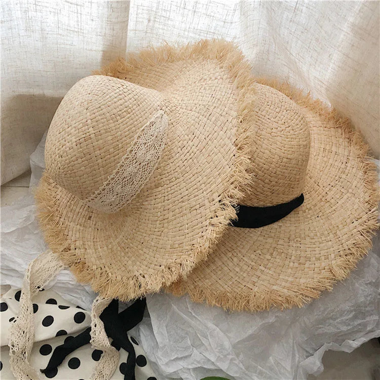 Summer Female Sun Hat Sunscreen Seaside Beach Raffia Straw Shade Lace Tie Hat