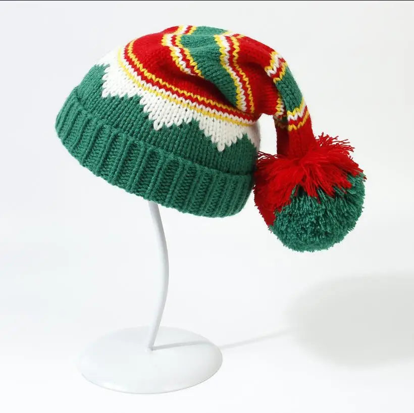 Winter Hats Santa Beanies with Pompoms Knit Caps Ears Warm Earflap Xmas Present for Men Women Kids Red Green