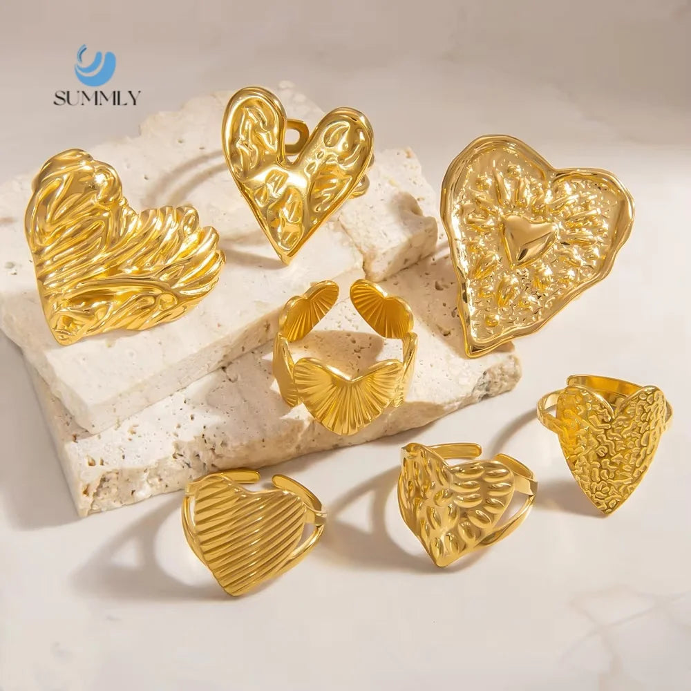 SUMMLY Classic Wholesale Heart Shape Convex Textured Adjustable Opening 18K Gold Plated Stainless Steel Ring Fashion Jewelry