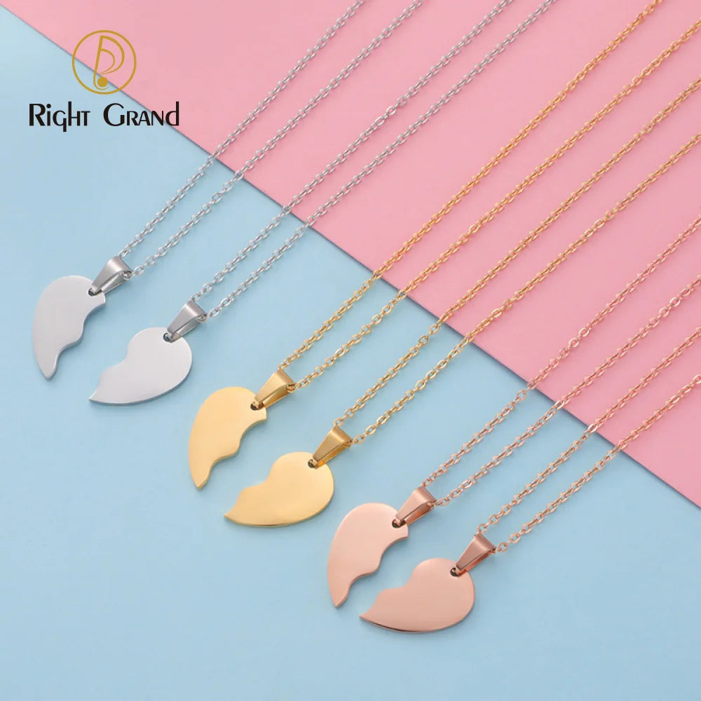 Stylish Blank Heart Personalized Couple Set Jewelry Custom Engraved Design Stainless Steel Split Heart Pendant Necklace