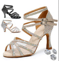 Women Latin Dance Shoes 7.5cm Rhinestones Ballroom Salsa Bachata Wedding Performance Dancing Shoes