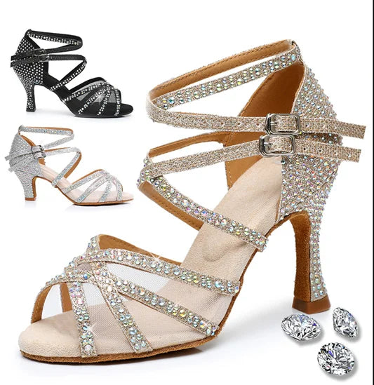 Women Latin Dance Shoes 7.5cm Rhinestones Ballroom Salsa Bachata Wedding Performance Dancing Shoes