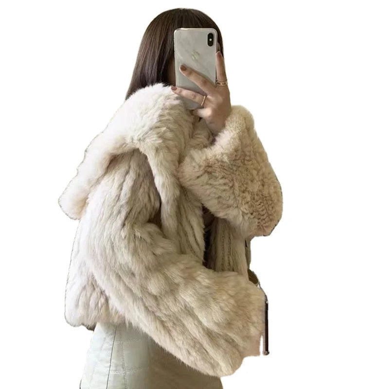 MWfur New Arrival Winter Warm Soft Short100% Real Fur Coat Women Knitted Genuine Rabbit Fur Jacket with Hood for Women
