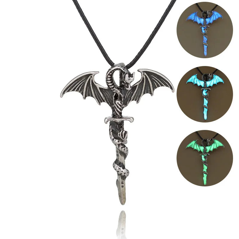 SC New Design Retro Glow in the Dark Pendant Necklace Trend Long Dragon Sword  Luminous Necklace for Men Women