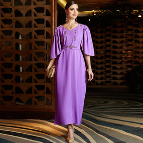 Abaya Femmes Robe Musulmane V-neck Long Loose Sleeve Solid Color Rhinestone Manufacturers for Customs Clothes