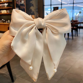 Pearl Satin Layered Hair Bows for Women Girls Barrette Hair Clip Long Black Ribbon Bows French Style Hair Accessories
