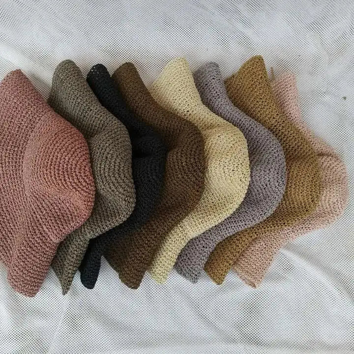 Foldable Handmade Crochet Paper Straw Bucket Hats Sunshade Wide Brim Straw Beach Hats Wholesale