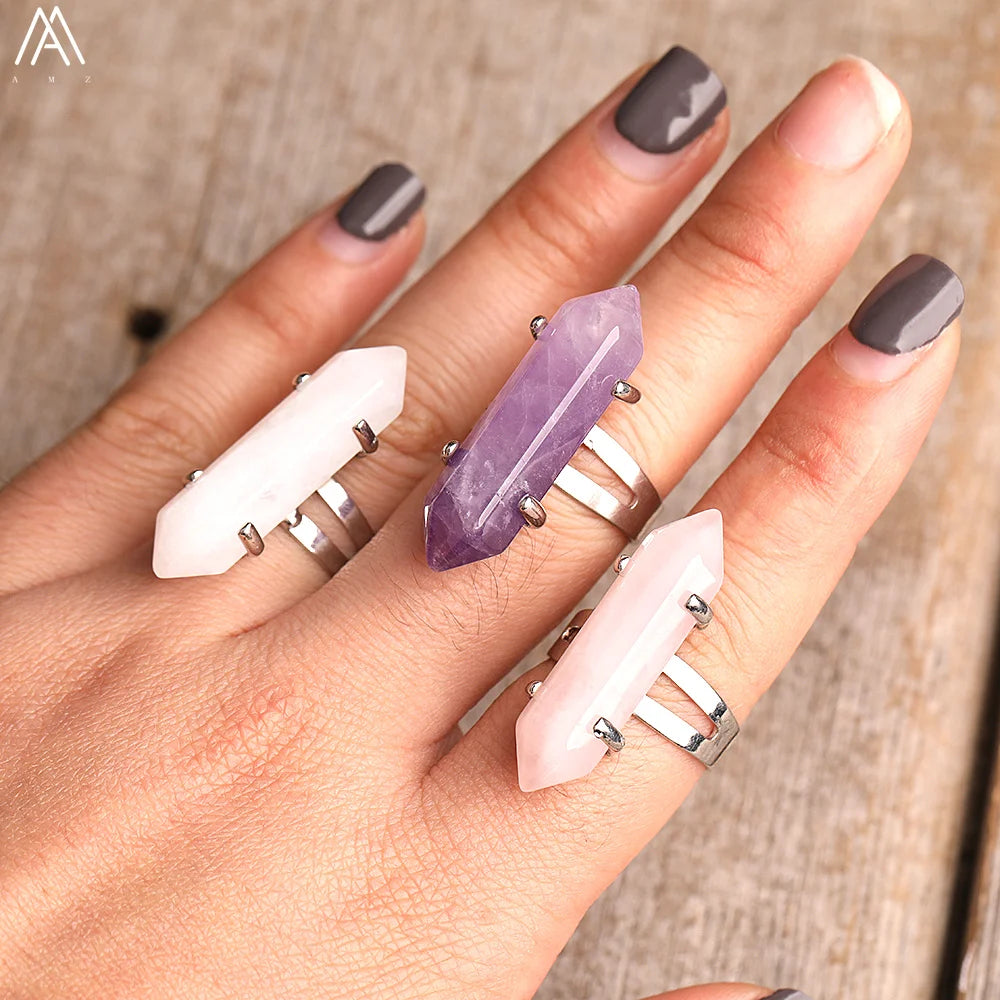 Double Point Ring Silver Jewelry Bullet Shape Natural Stone Crystal Rings Wholesale Gift