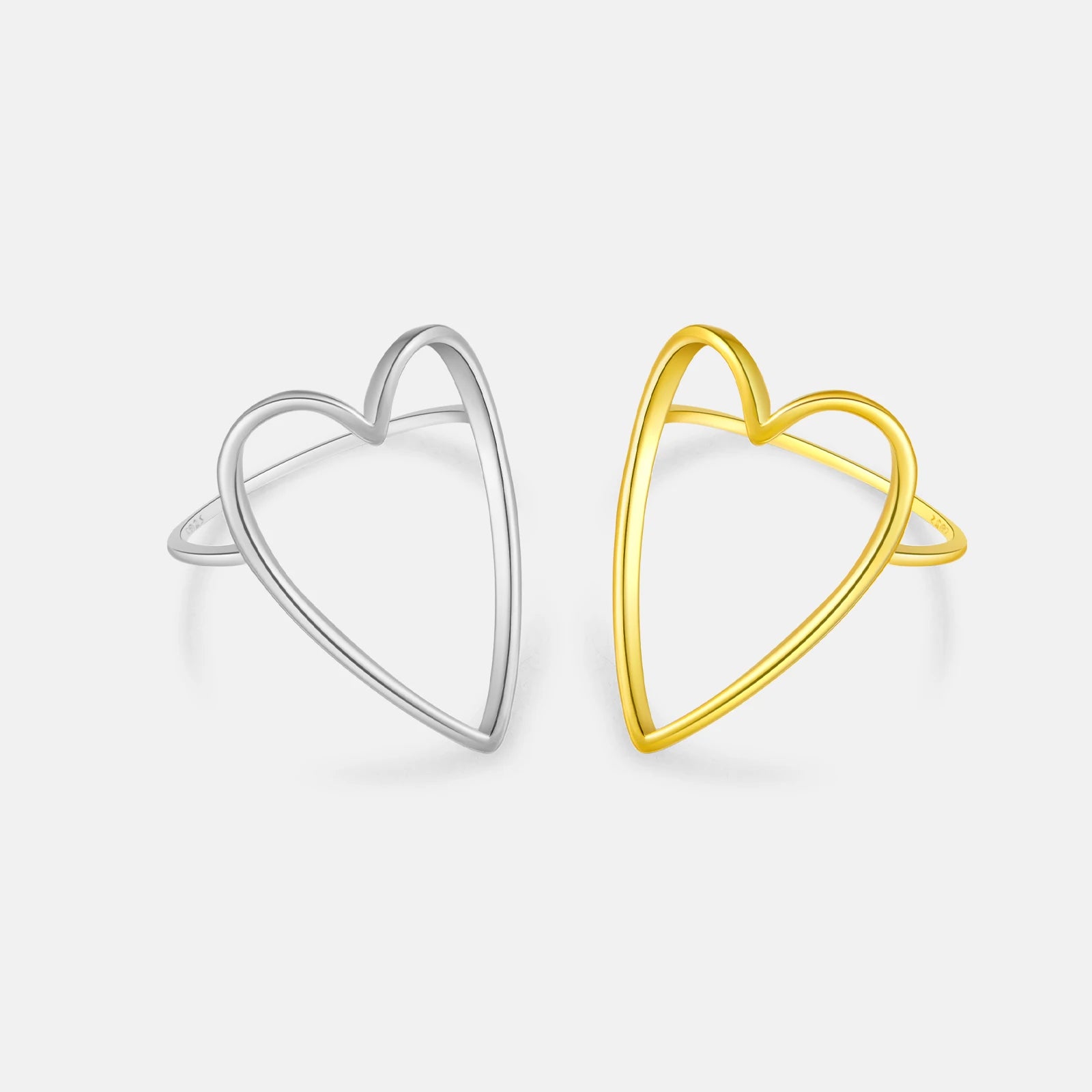 FUAMAY 925 Sterling Silver Single Loves Heart Finger Ring 18K Gold Plated Hollow BIg Heart Hollow Ring