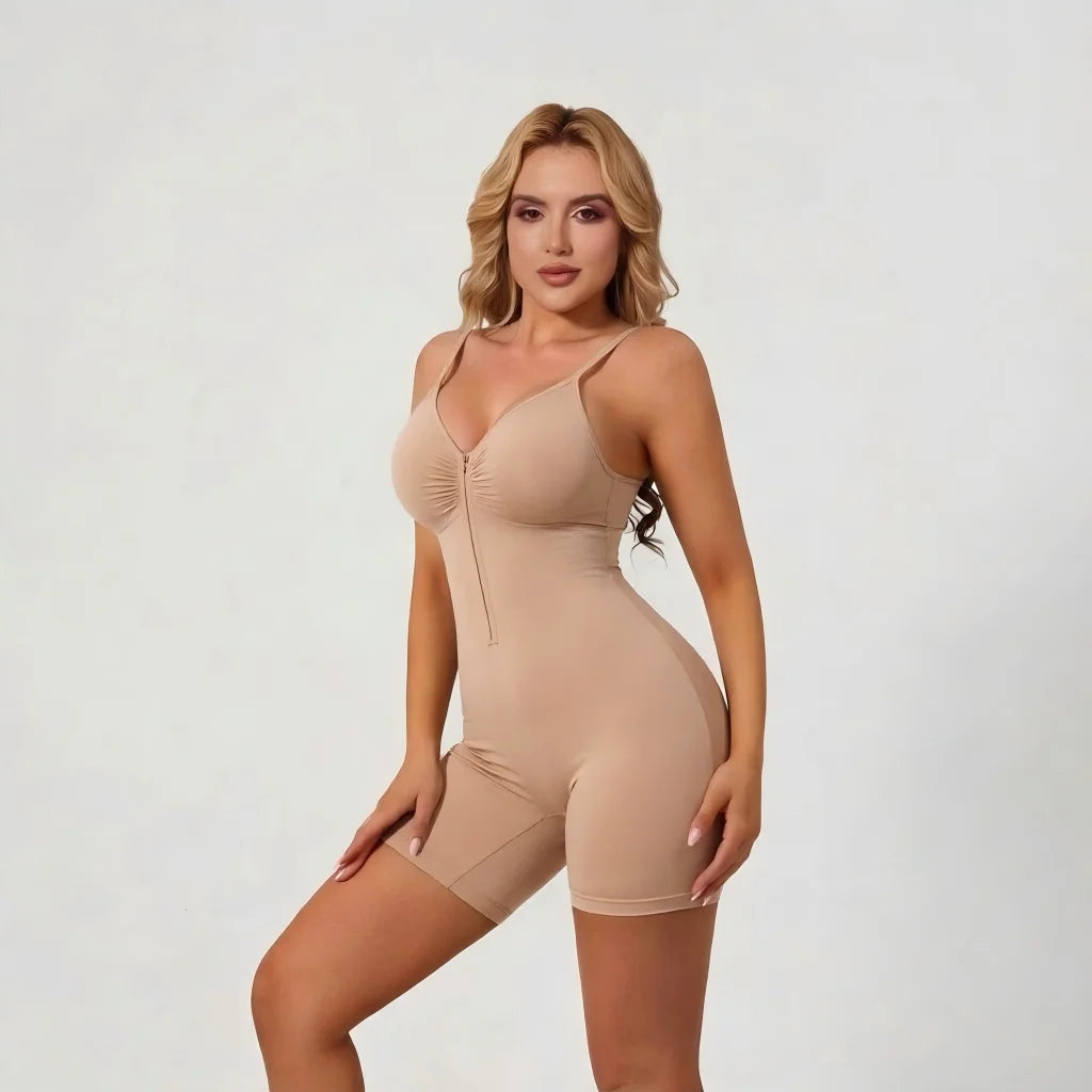 Women High Elastic Front Zipper Spaghetti Strap V Neck Bodysuit Tight Fit Waist Cinching Tummy Control Butt Lifting Shapewear