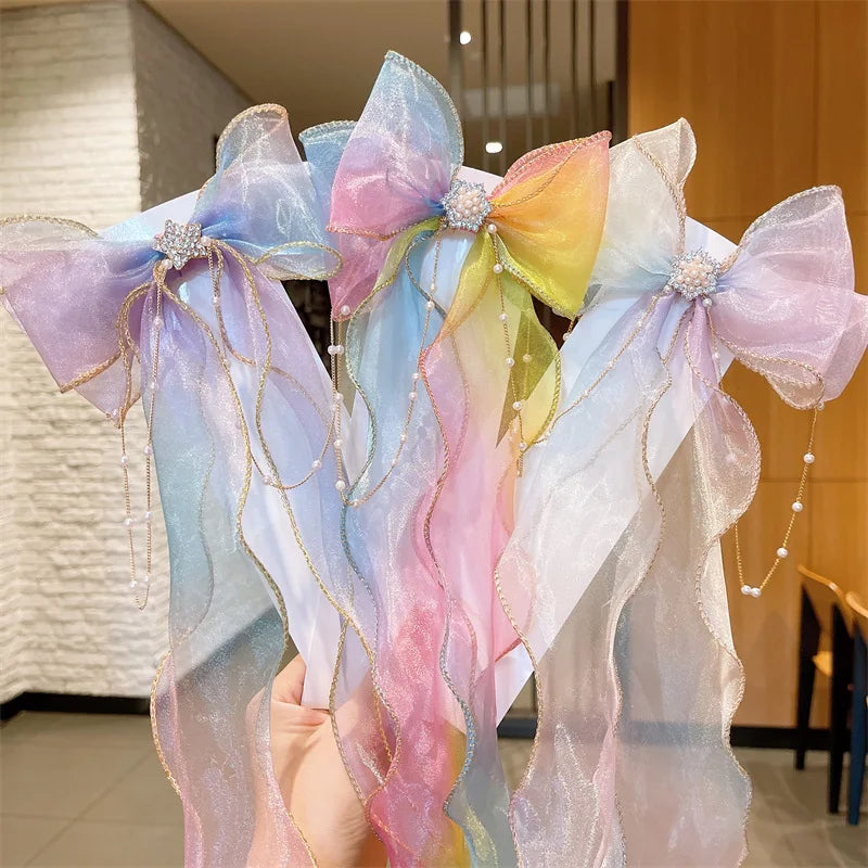 Children's Hair Accessories Pearl Tassels Bows Ribbons Braided Hairpins Headdresses Summer Girls Princess Hairpins