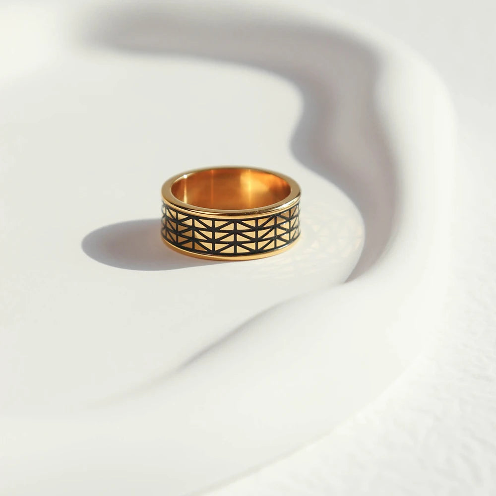 Chris April Minimalist 316L Stainless Steel 18k PVD Plated Geometrical Enamel Band Finger Ring