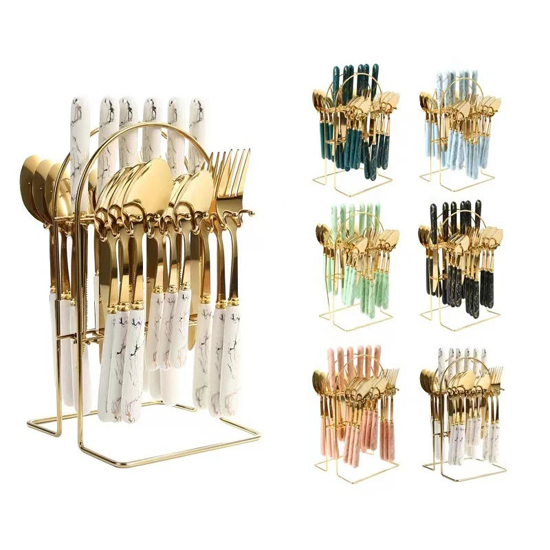 Stainless Steel 24-Piece Nordic Style Knife Fork Spoon Cutlery Set with Ceramic Texture Handles Gift Box for Party Use