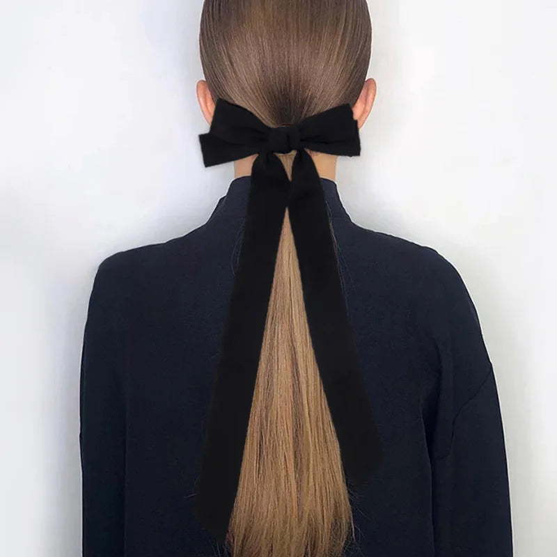 Satin Black White Hairpin Big Bow Hair Clips Barrettes With Long Brocade Tassel