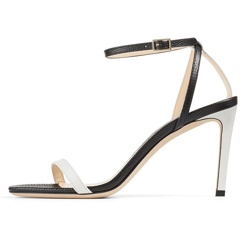 2020 New Women Open Toe Black White Multi Color Snake PU Leather Stiletto High Heel Summer Sandals