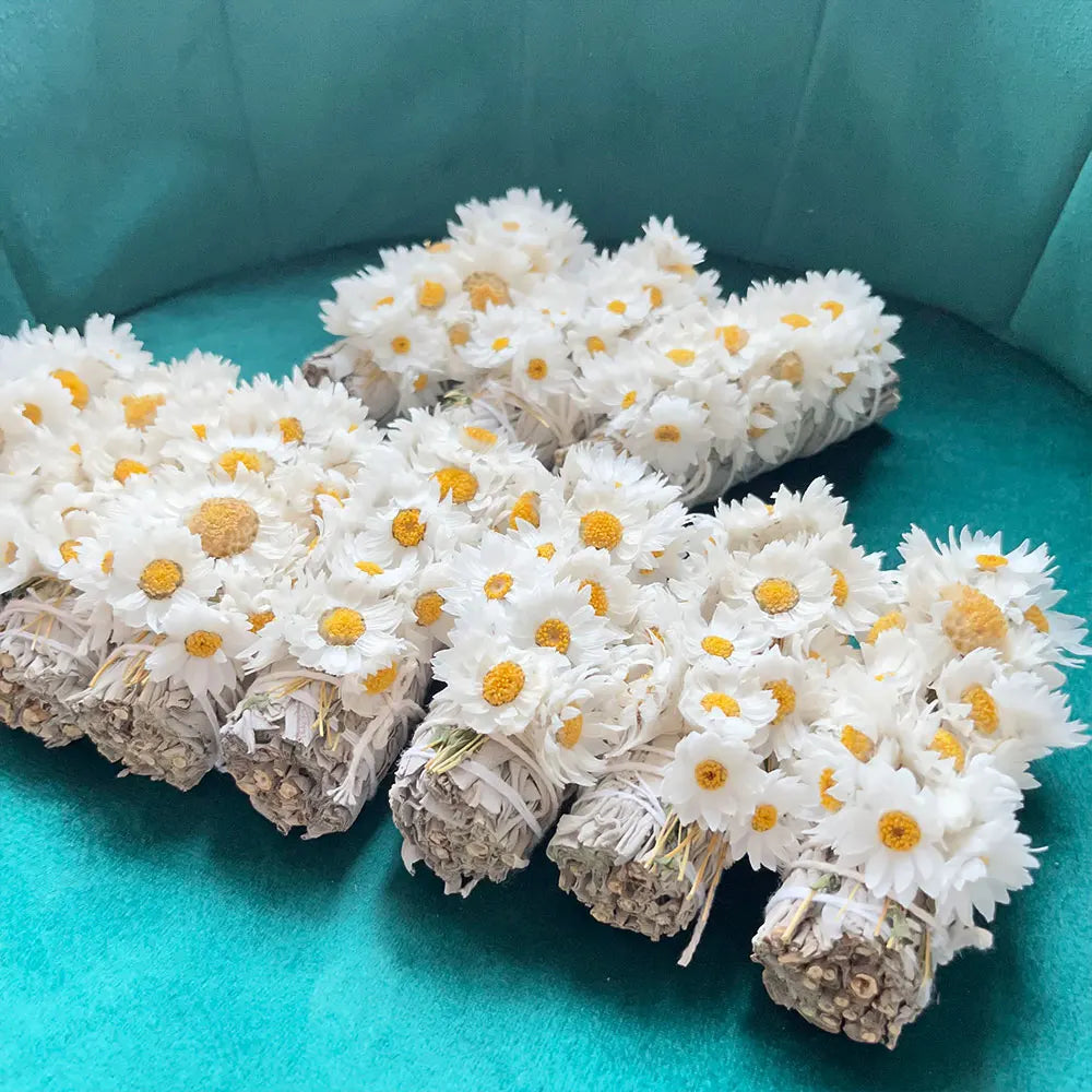 Organic White Sage Smudge Bundle With Daisy Flowers Chamomile Sage for Burning Incense Sticks Cleansing House Negative Energy