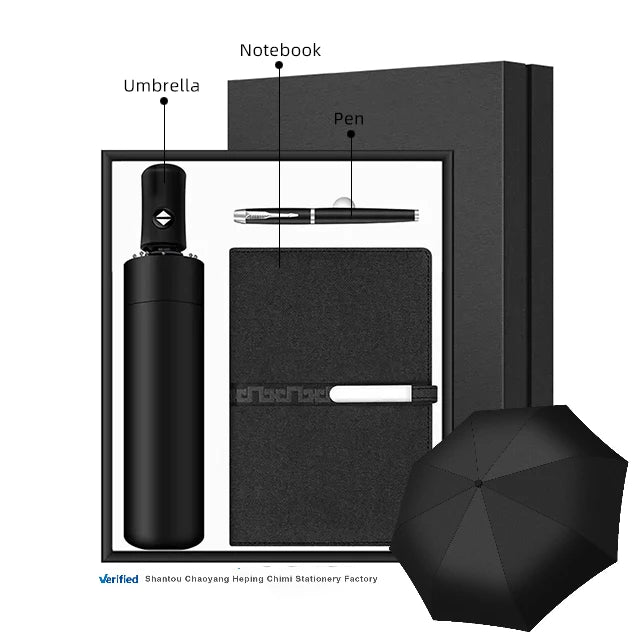 Customized Wholesale Personalized Giveaways High-end Creative Umbrella & A5 Notebook &metal Black Ink Pen Stationary Gift Set