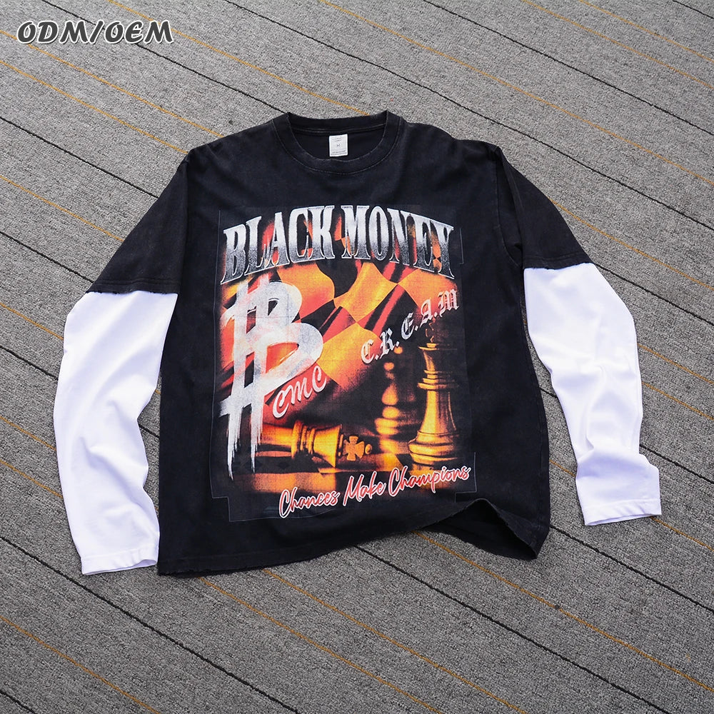 Custom Manufacturers Casual Double Layered Long Sleeve T-shirt for Men Distressed Vintage Washed 100% Cotton Knitted