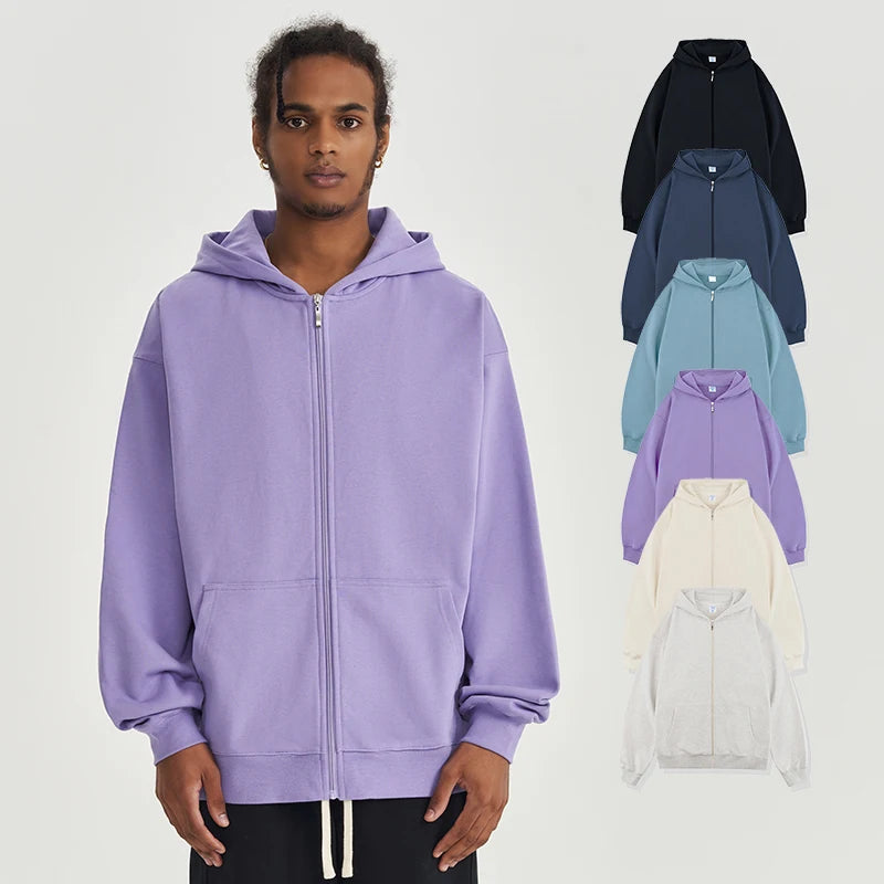 Unisex Custom Logo Zip-up Hoodies Made of 450gsm Cotton Blending French Terry Heavyweight Zip Fly Knitted Hooded Sweatshirts