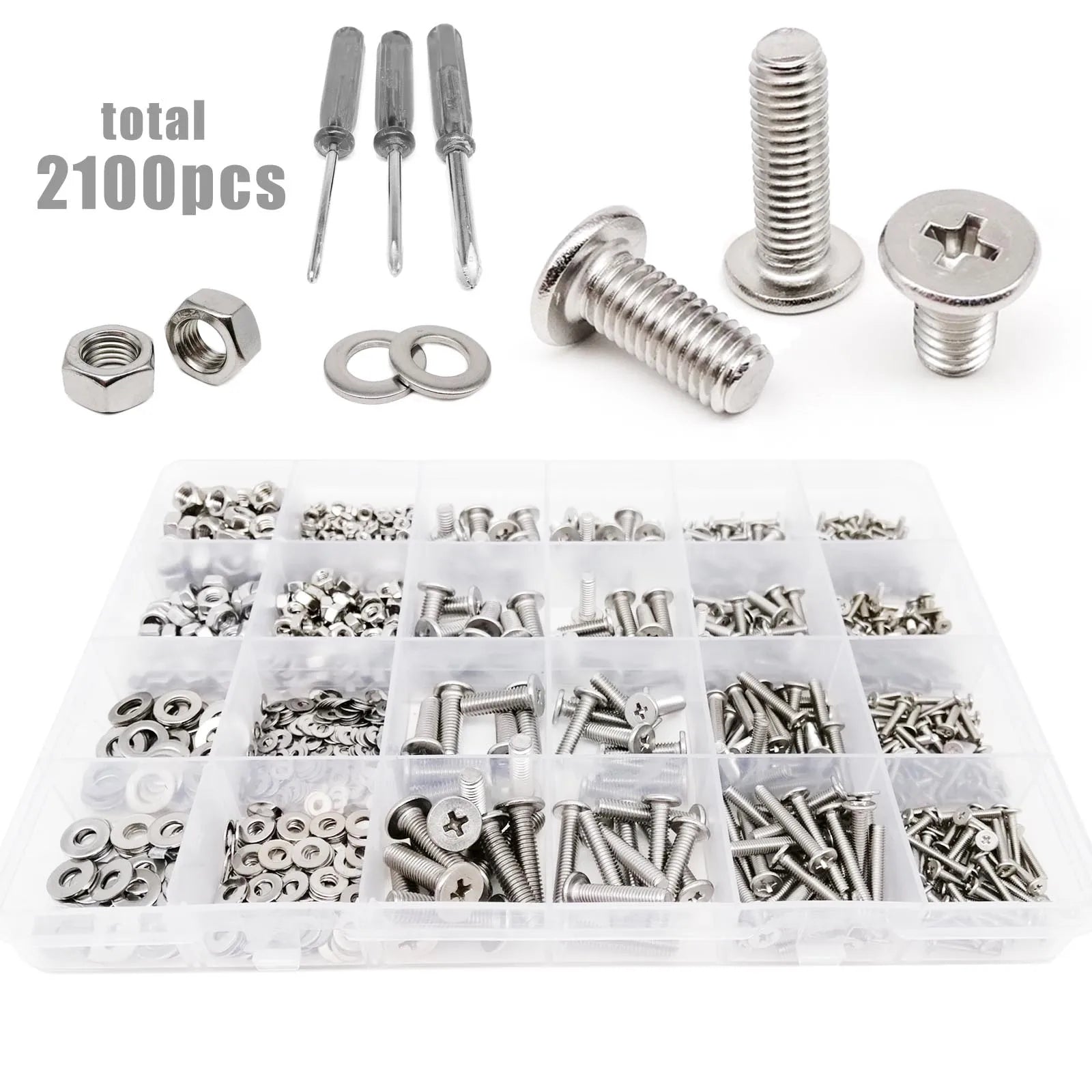 2100pcs/ Box M1.6 M2 M2.5 M3 304 A2 Stainless Steel Bolt Nut Washer Assortment Set Kit Cross Phillips Flat Ultra Thin Head Screw