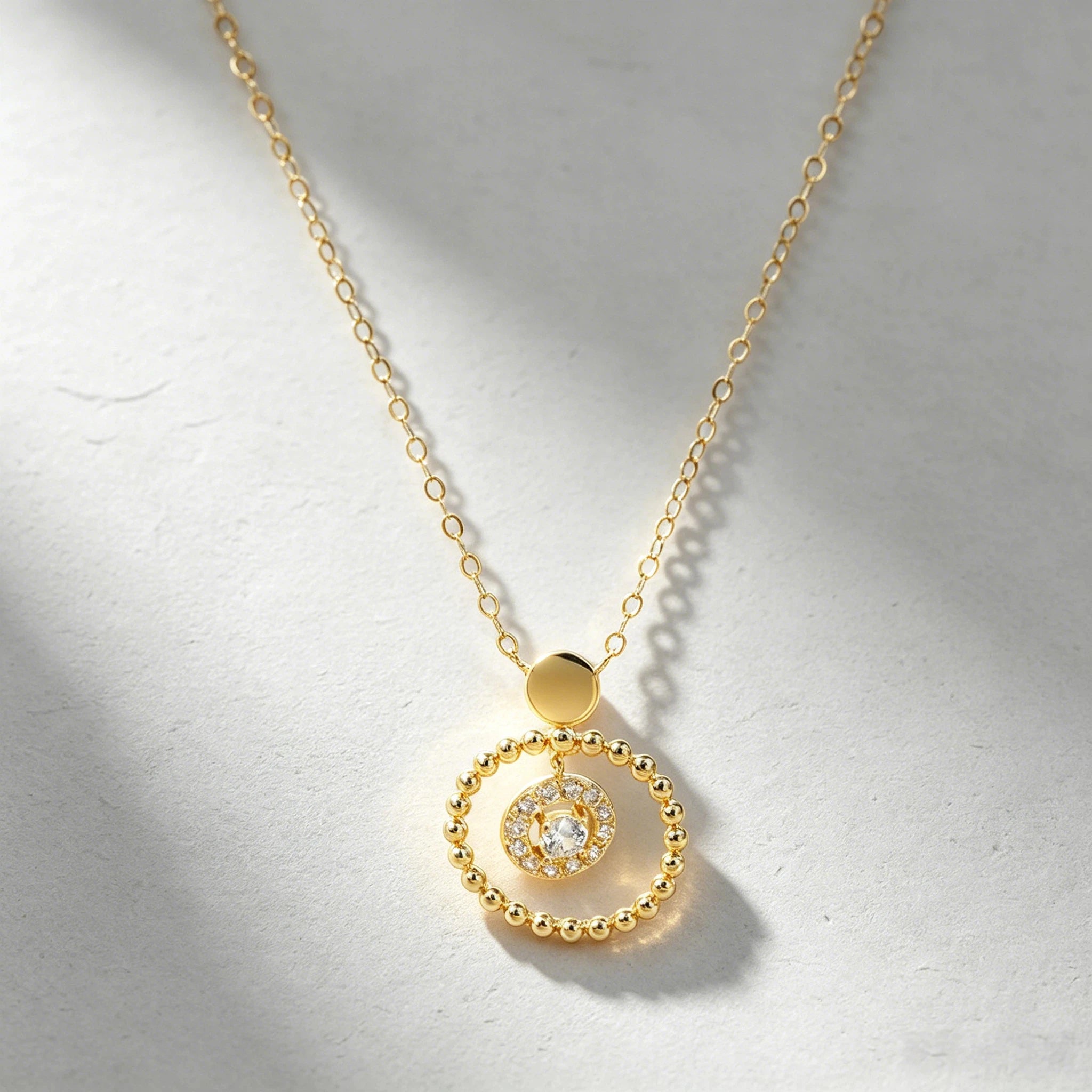 18K Gold Double Circle Necklace for Women Geometric Round Pendant Necklace with CZ DiamondsFine Chains Jewelry Necklaces