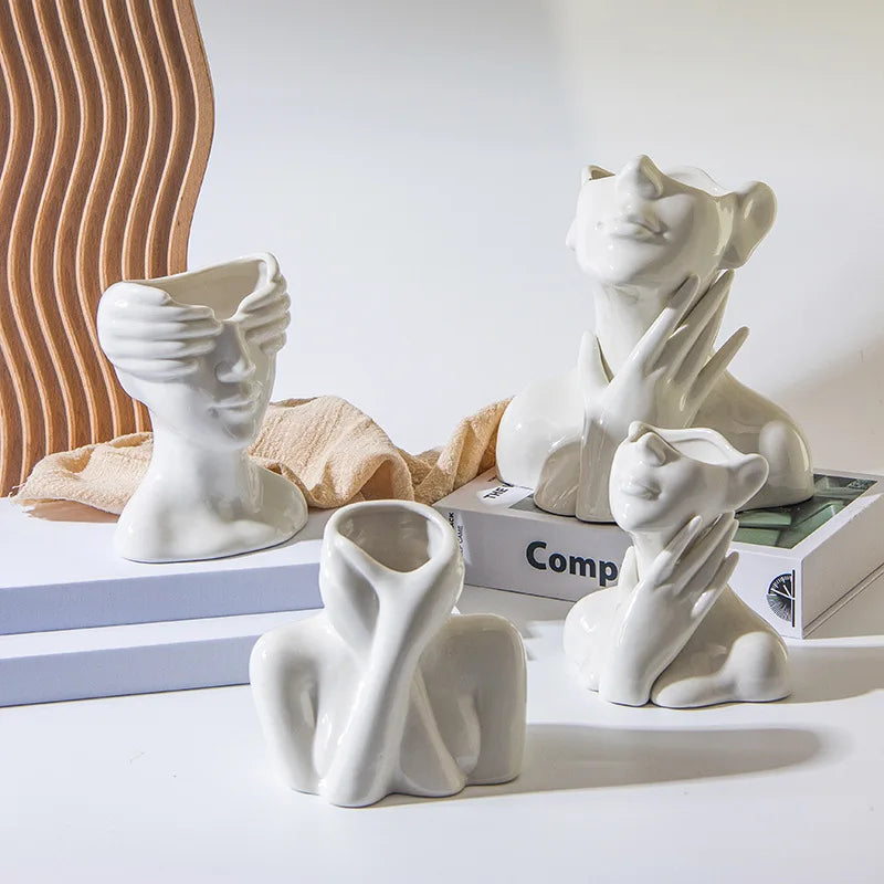 Nordic Living Room Table Top Porcelain Woman Bidy Vases Creative Modern Ceramic Faces Vase Home Decor