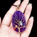 Hot Sale Handmade Fashion Style Chakela Stone Gold Wrap Wire Life Tree Pendant Necklace Purple Agate Stone Rope Chain Necklace