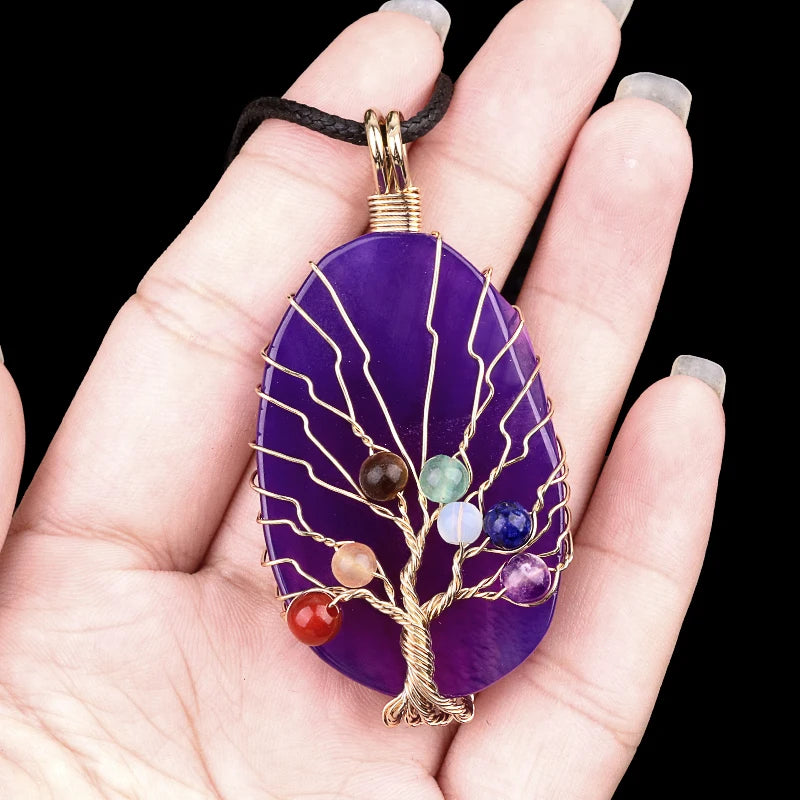 Hot Sale Handmade Fashion Style Chakela Stone Gold Wrap Wire Life Tree Pendant Necklace Purple Agate Stone Rope Chain Necklace