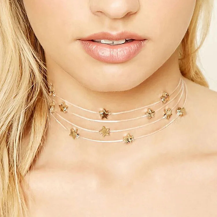 2022 Fashion Popular New Elements Fish Silk Thread Handmade Stars Multi-layer Silver Star Choker Pendant Necklaces for Women