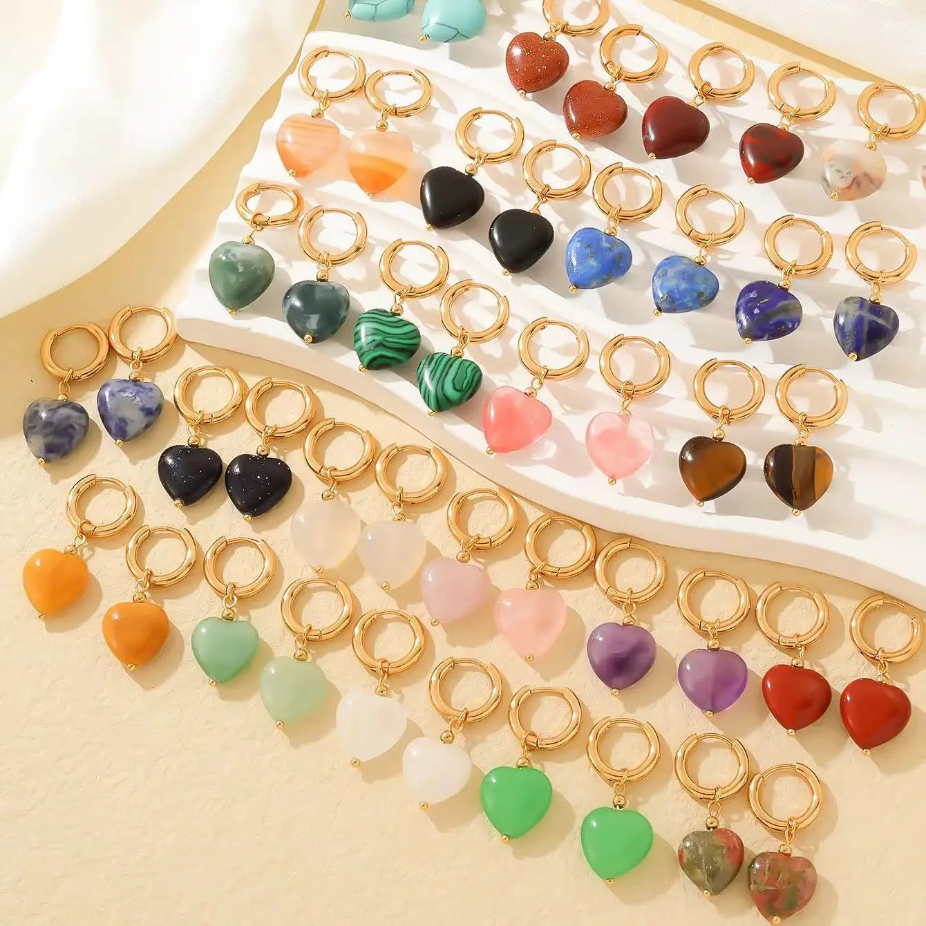 Stainless Steel Heart Shape Natural Stone Pendant Hoop Earrings 18k Gold Plated Non Tarnish Fashion Jewelry