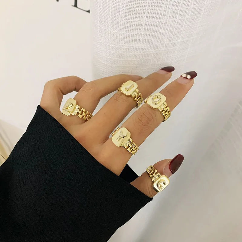 European Trendy Adjustable 18K Gold Plated A-Z Letter Ring Gold Plated Watchband Square Initial Letter Rings Women