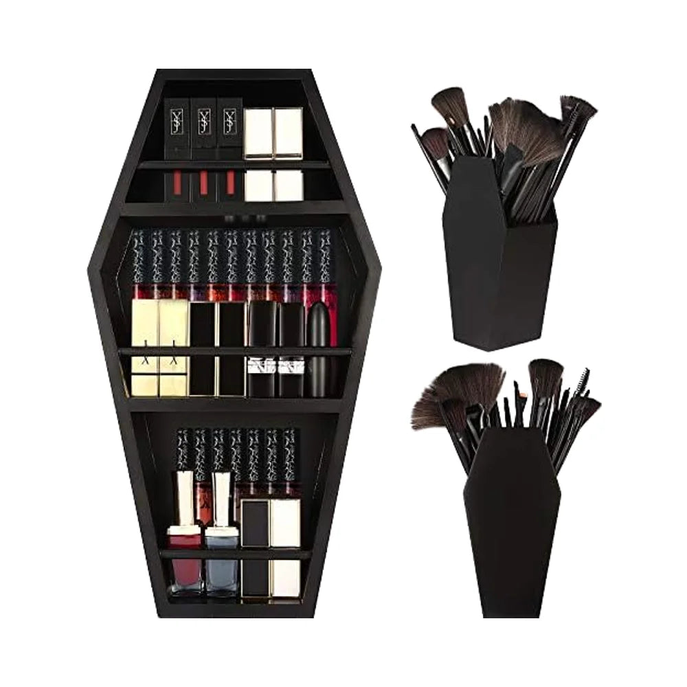 2Pcs Pack Wood Modern Coffin Shelf Brush Holder Free Standing Wall Hanging Organizer for Living Room Storage