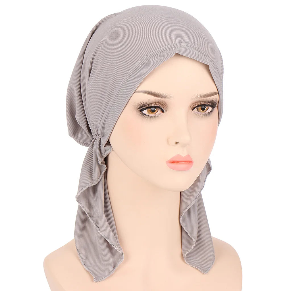 Stretch Fine Striped Patterned Cloth With Two tails and a Headscarf Muslim Hide Hair Turban Hat Muslim Bottom